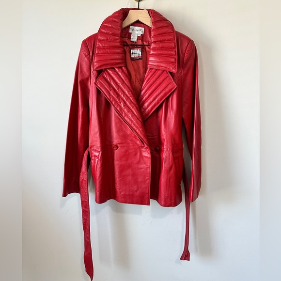 Vintage Red Genuine Leather Quilted Lapel Double Breasted Belted Waist Jacket 10 - Picture 9 of 11